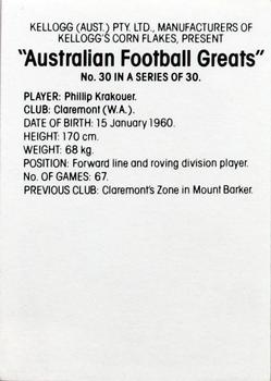 1981 Kellogg's Australian Football Greats #30 Phil Krakouer Back